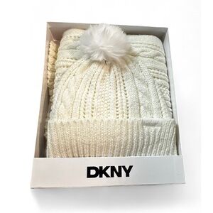 DKNY Cream Knit Scarf and Beanie Set NEW in Box OS Cream color